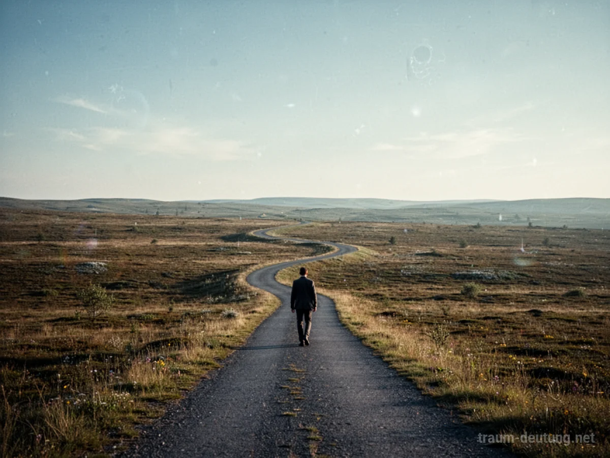 Mensch wandert auf langem Weg durch weite Landschaft.