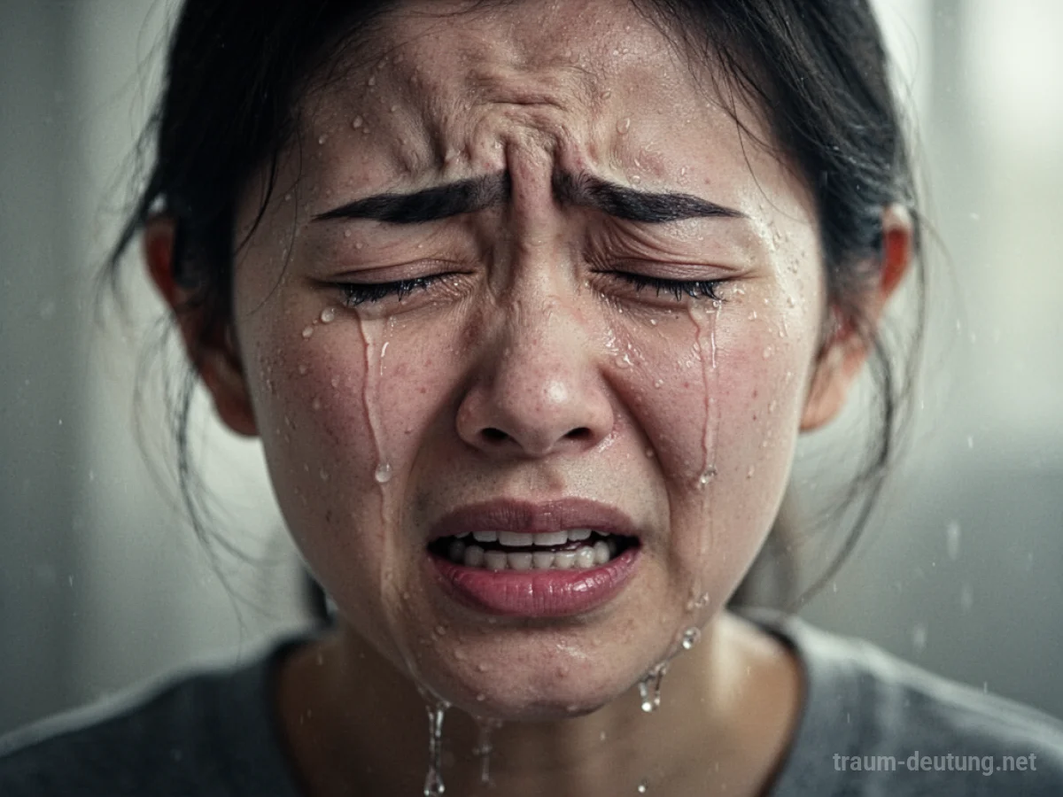 Eine Person, die im Traum laut weint, Tränen laufen über das Gesicht.