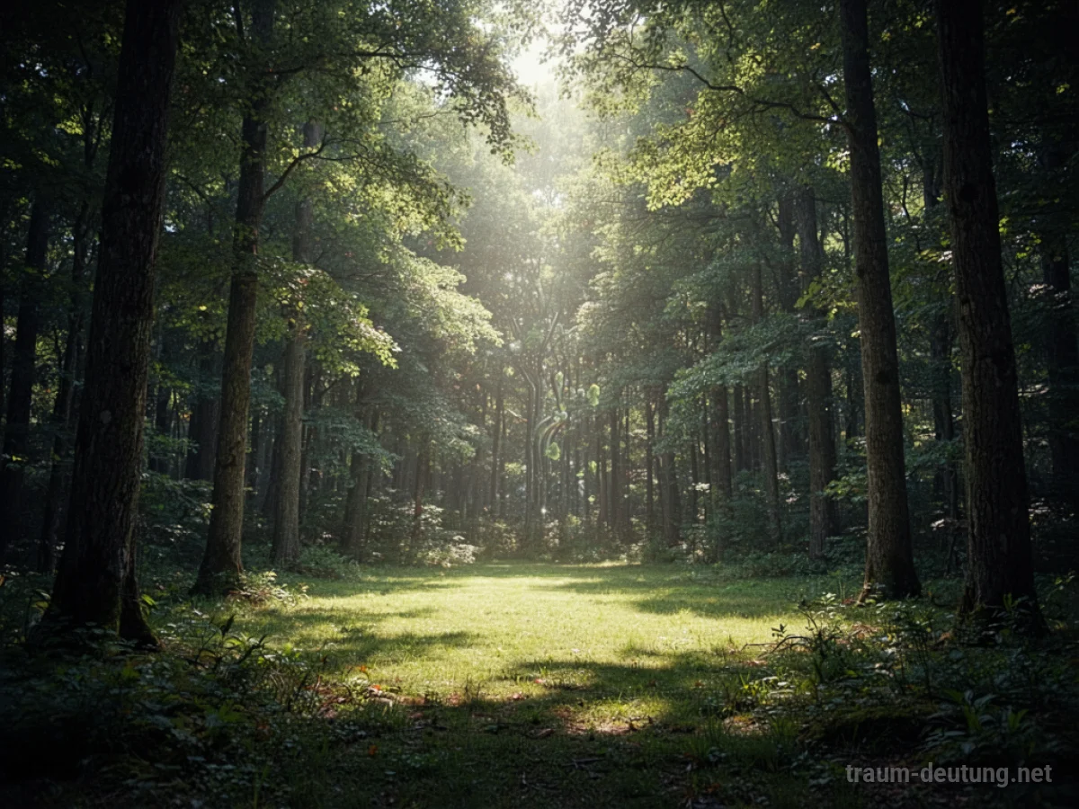 Helle Lichtung in einem dunklen Wald mit Sonnenstrahlen