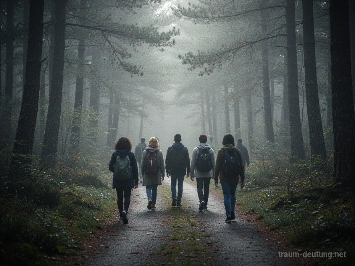 Menschengruppe wandert auf einem nebligen Waldweg