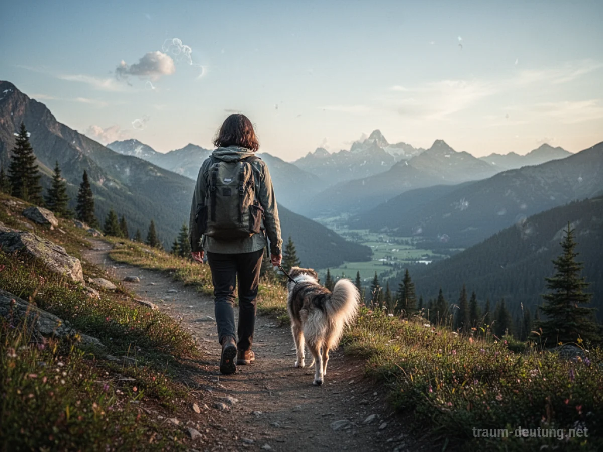 Person und Hund wandern auf einem Bergpfad.