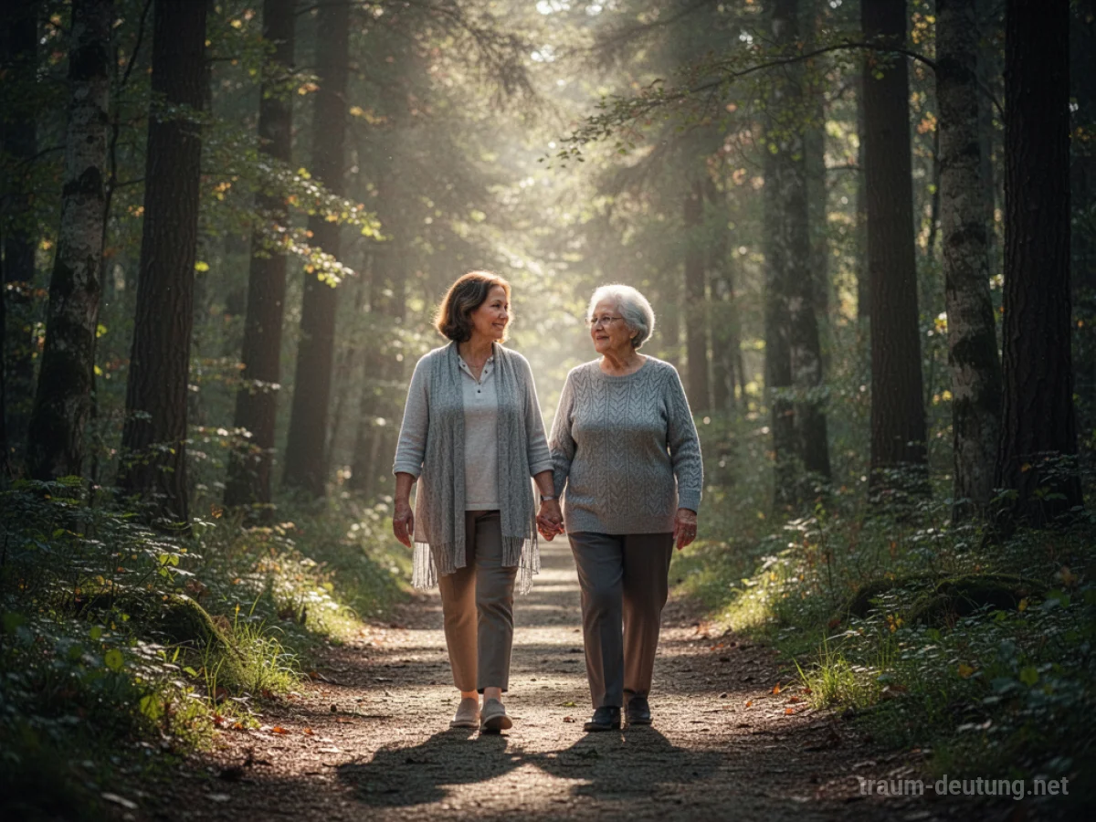 Zwei Frauen, Mutter und Tochter, wandern gemeinsam auf einem Waldweg.