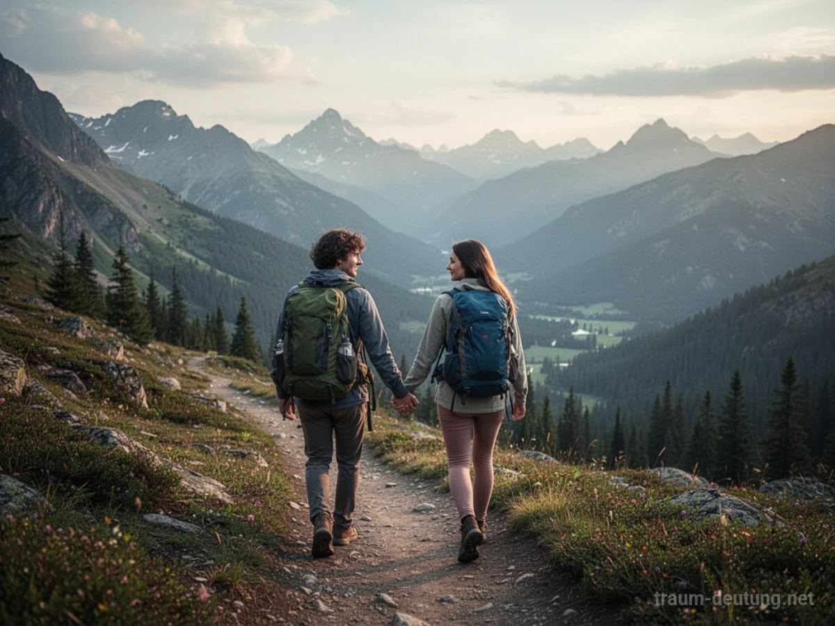 Ein Paar wandert Hand in Hand auf einem Bergpfad mit weitem Ausblick.