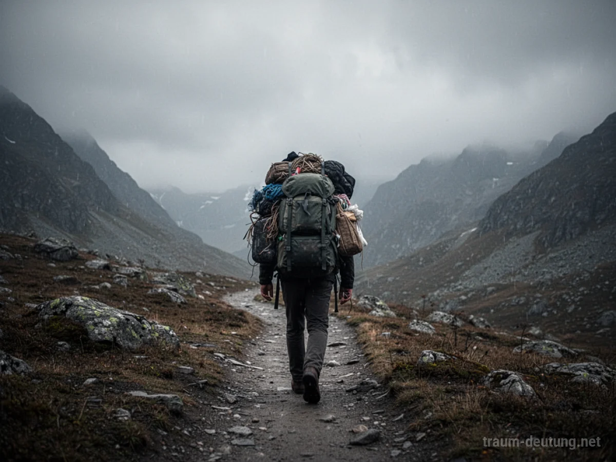 Eine einsame Person wandert mit einem großen, schweren Rucksack auf einem Bergpfad.