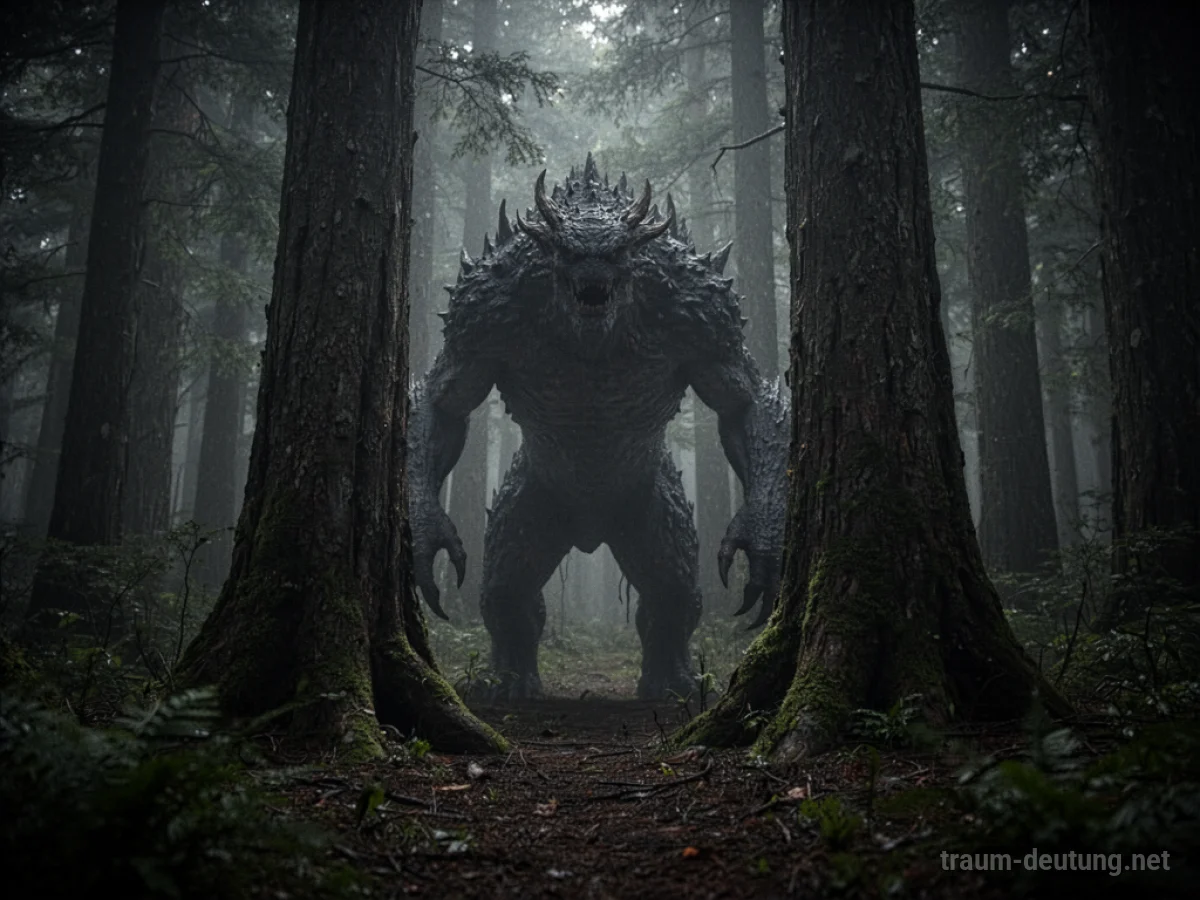 Schattenhafte Gestalt eines Monsters zwischen dunklen Bäumen in einem unheimlichen Wald