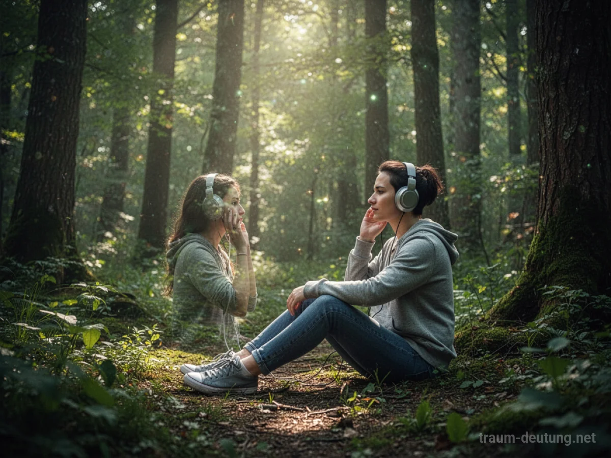 Eine Person sitzt friedlich in einem grünen Wald und hört Musik über Kopfhörer.