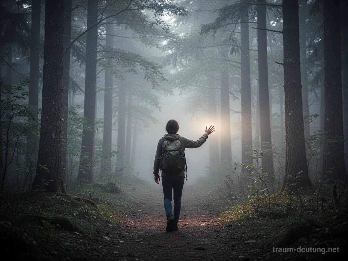 Eine Person sucht im Nebel nach einem Lichtstrahl auf einem unklaren Pfad.