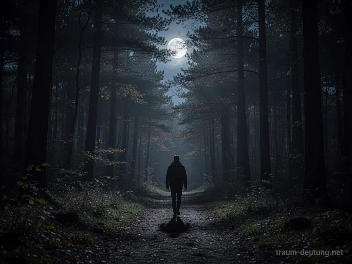 Eine einsame Person wandert nachts auf einem dunklen Pfad durch einen Wald.