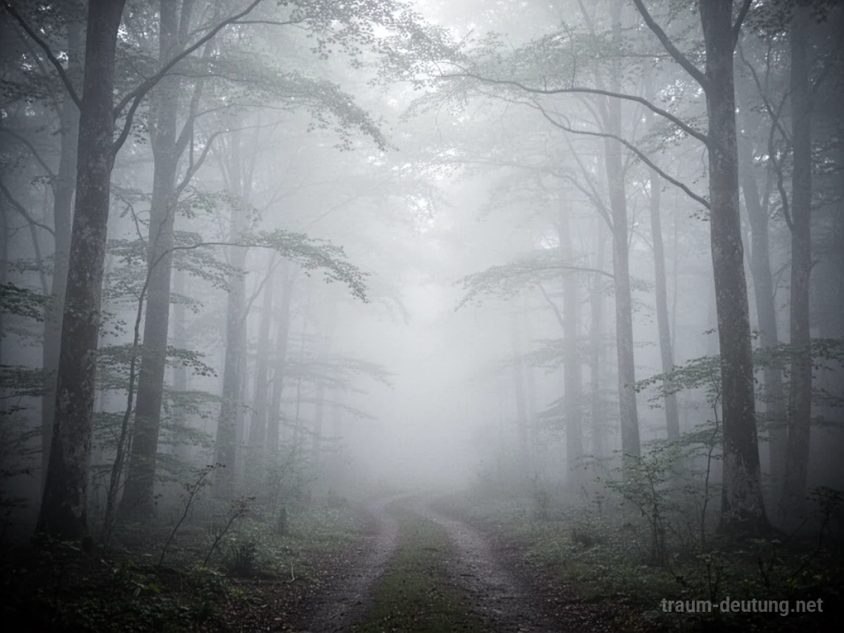 Ein dichter Wald im Nebel mit einem kaum sichtbaren Pfad.