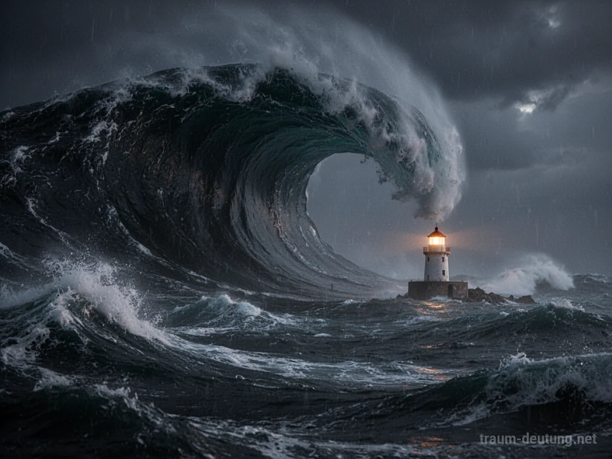 Riesige, dunkle Welle türmt sich über einem kleinen Leuchtturm im Sturm