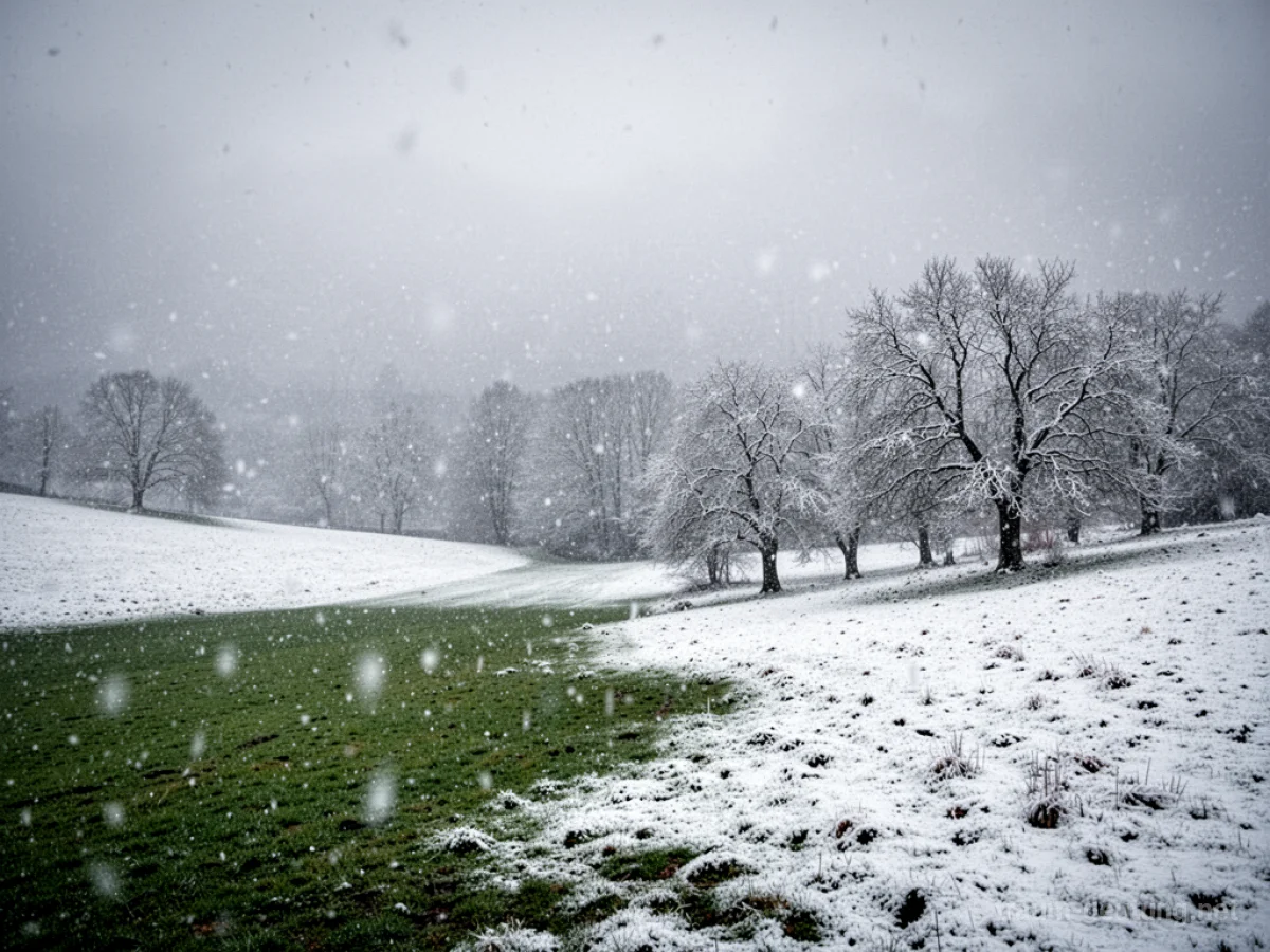 Plötzlicher Wintereinbruch mit Schnee über einer grünen Landschaft