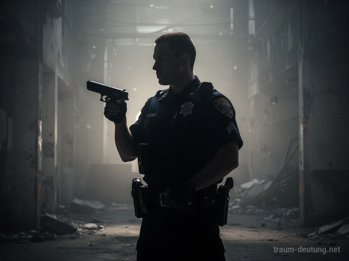Silhouette eines Polizisten mit einer Waffe in einem dunklen Raum