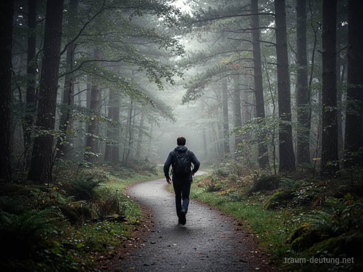 Eine Person rennt auf einem Waldweg, der sich im Nebel verliert