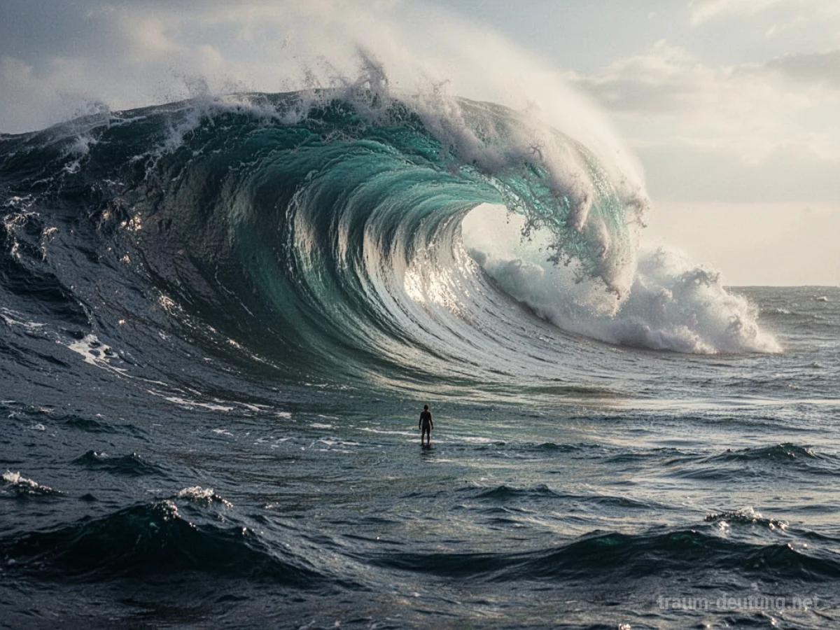 Eine riesige Welle droht eine kleine Figur auf dem Meer zu verschlingen.