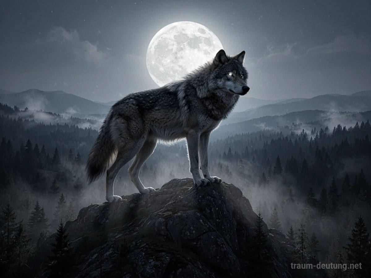 Silhouette eines riesigen Wolfes auf einem Berg bei Nacht