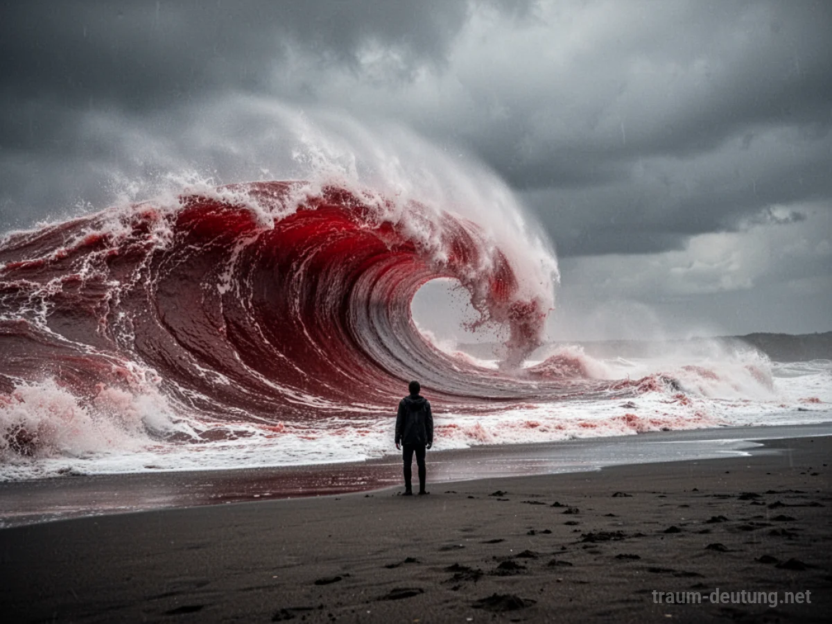Eine rote Welle nähert sich einer einsamen Figur am Strand unter stürmischem Himmel.