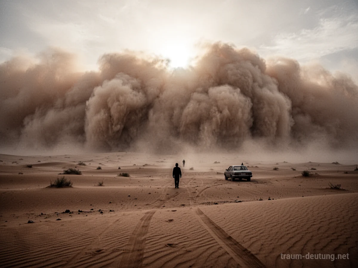 Sandsturm zieht über eine Wüstenlandschaft mit einer einzelnen Person und einem Auto in der Ferne.