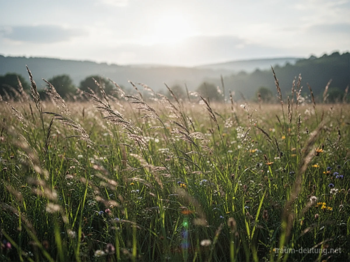 Sanfter Wind weht durch hohes Gras auf einer sonnigen Wiese.