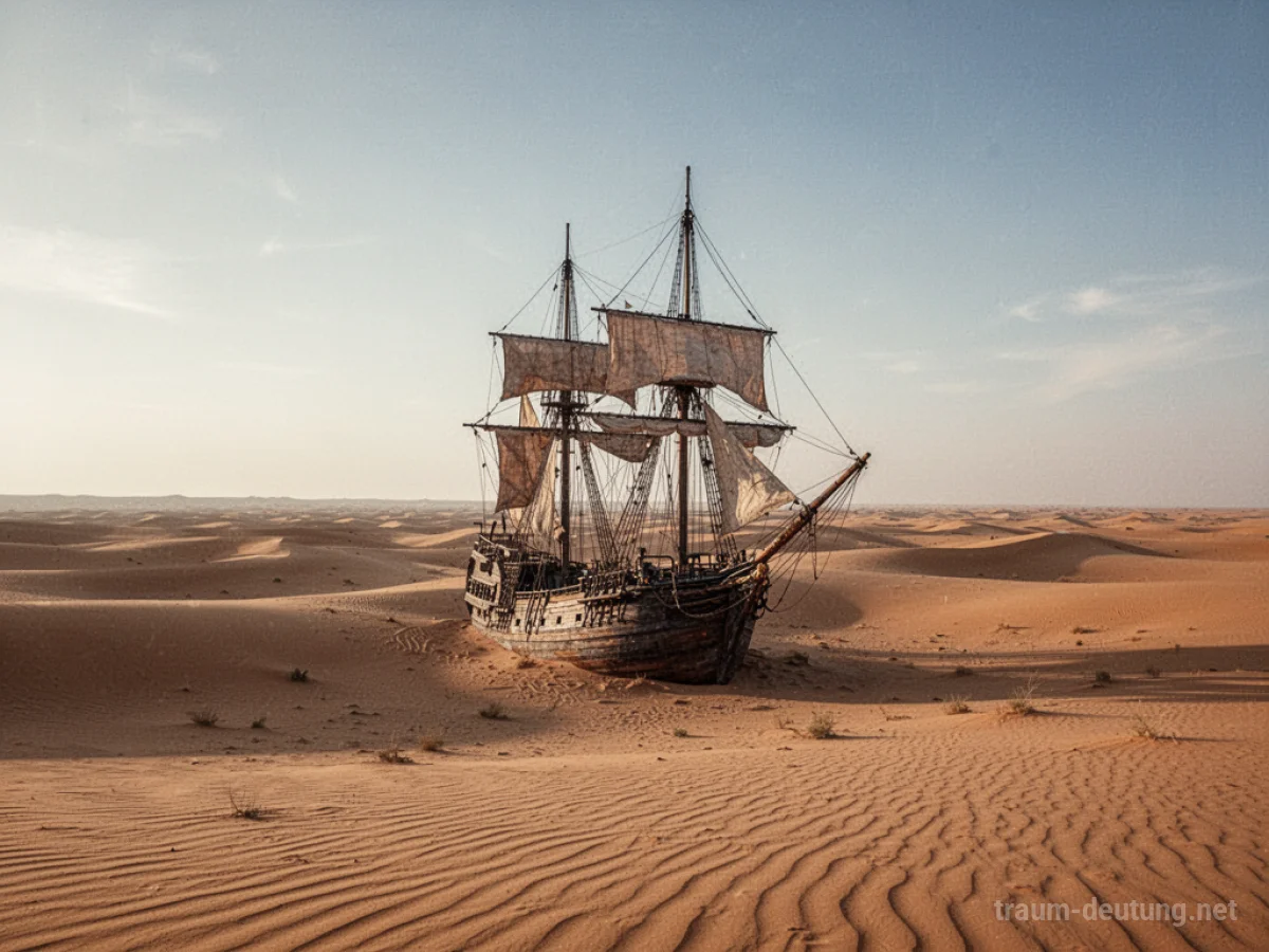 Ein großes Schiff steht mitten in einer weiten Wüstenlandschaft.