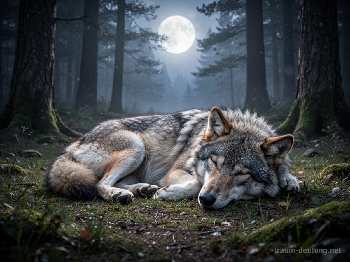 Ein schlafender Wolf in einer friedlichen Waldlichtung.