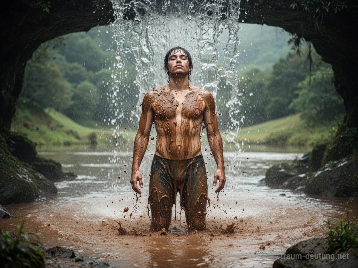 Person wäscht sich unter einem Wasserfall den Schlamm ab