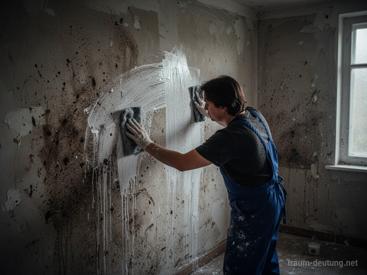 Eine Person reinigt eine schmutzige Wand und lässt saubere Stellen zum Vorschein kommen.