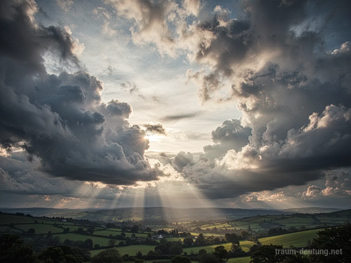 Schnell ziehende Wolken am Himmel mit durchbrechendem Sonnenlicht.