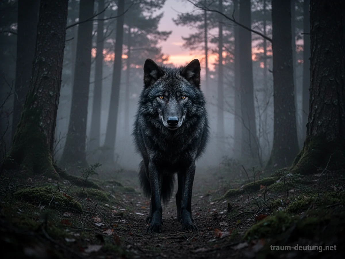 Schwarzer Wolf in einem nebligen Wald bei Dämmerung