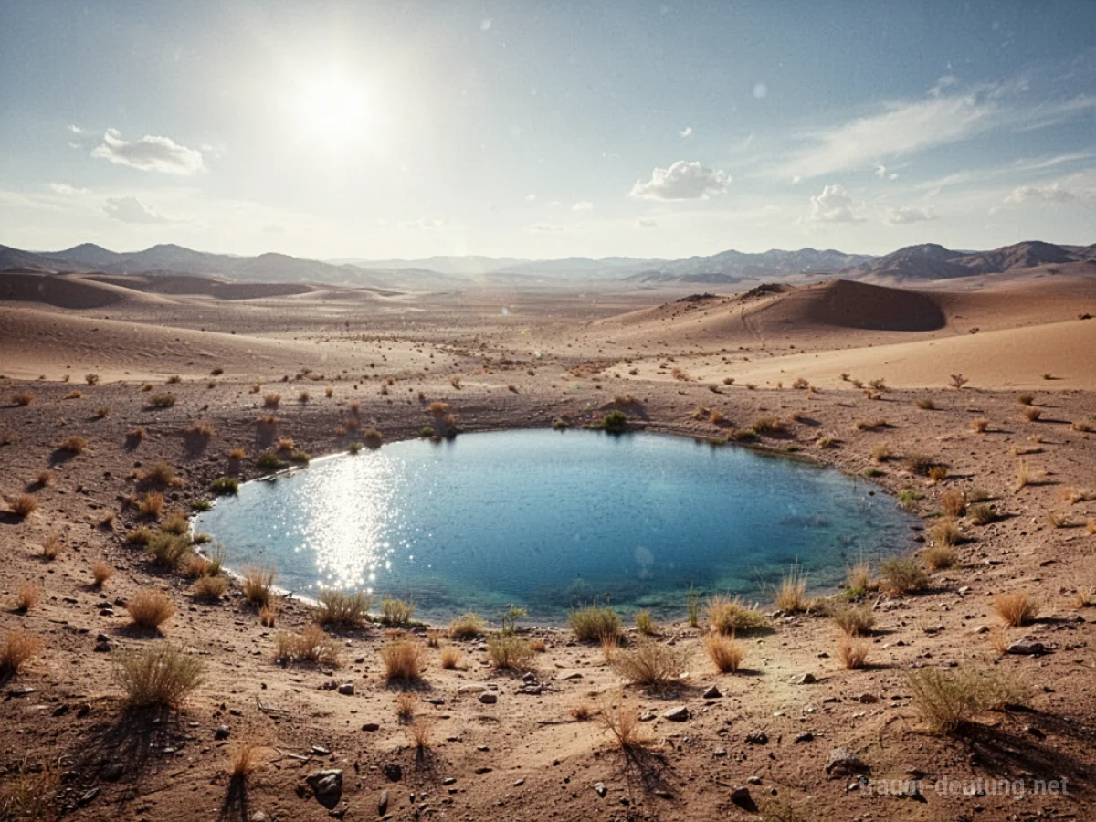 Ein kleiner blauer See inmitten einer weiten, trockenen Wüstenlandschaft.