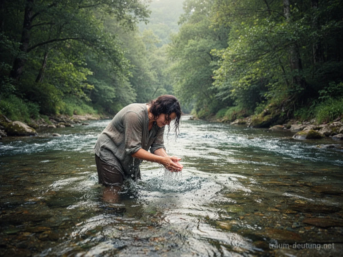 Eine Person wäscht sich in einem klaren Fluss, umgeben von grüner Natur.