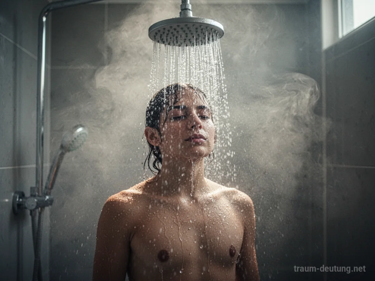 Person steht unter der Dusche, Wasser fließt über den Körper.