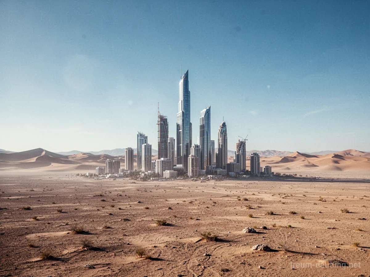Moderne Stadt ragt aus einer endlosen Wüstenlandschaft empor.