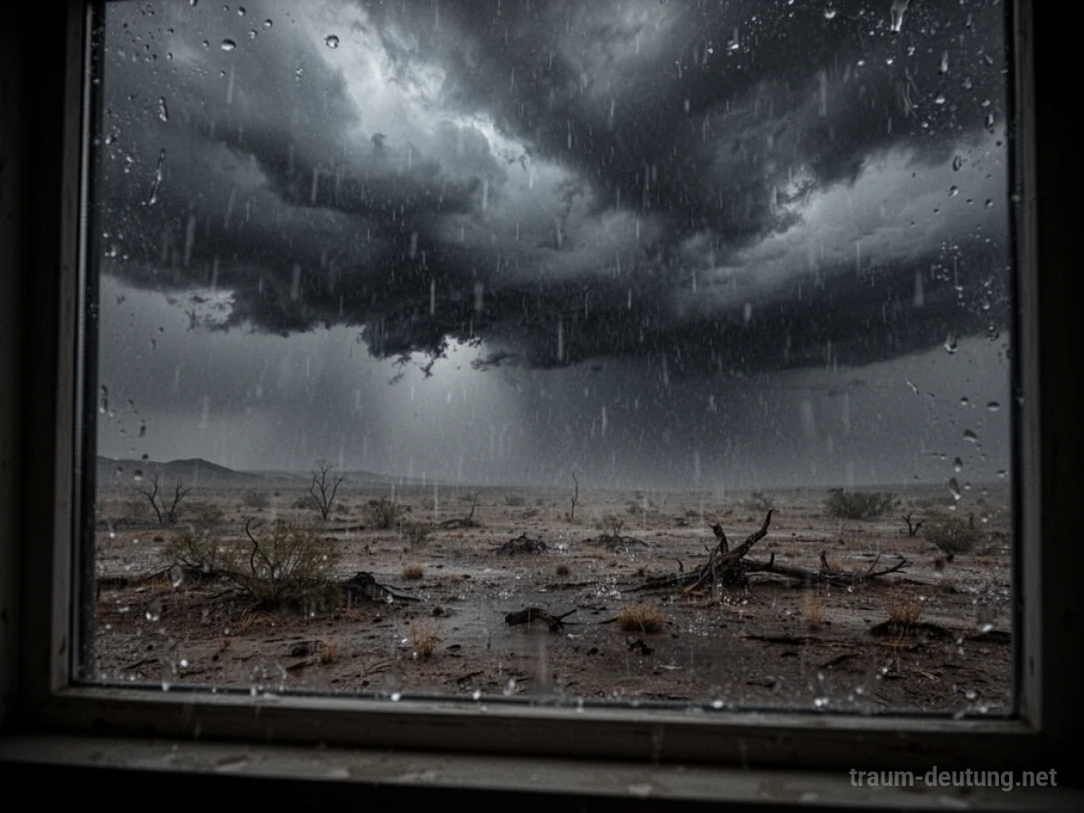Starker Regen prasselt auf eine einsame Landschaft nieder, gesehen durch ein Fenster.