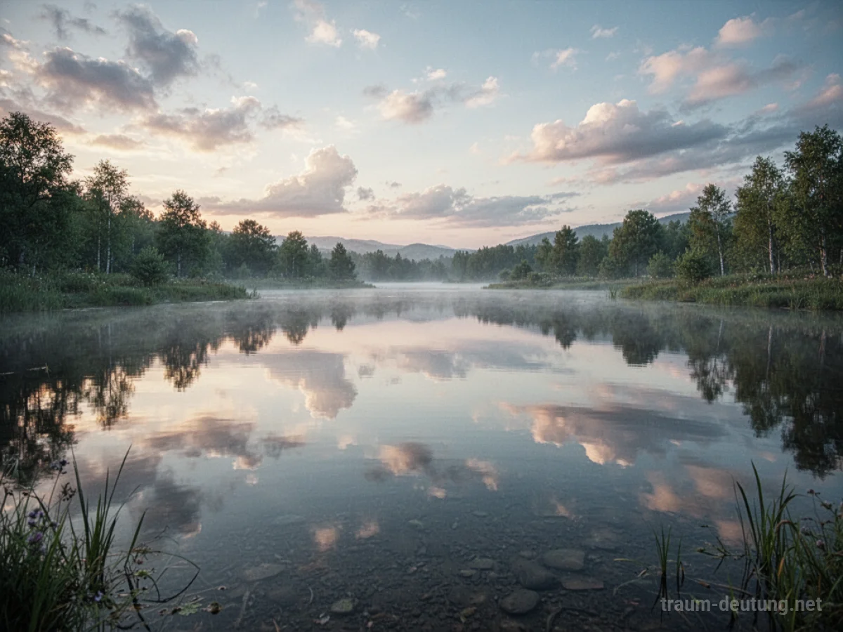 Oberfläche von stillem, klarem Wasser, die einen ruhigen Himmel spiegelt.