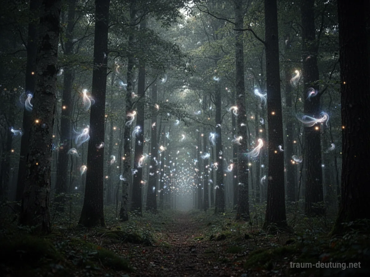 Lichtschleier schweben zwischen dunklen Bäumen in einem Wald.