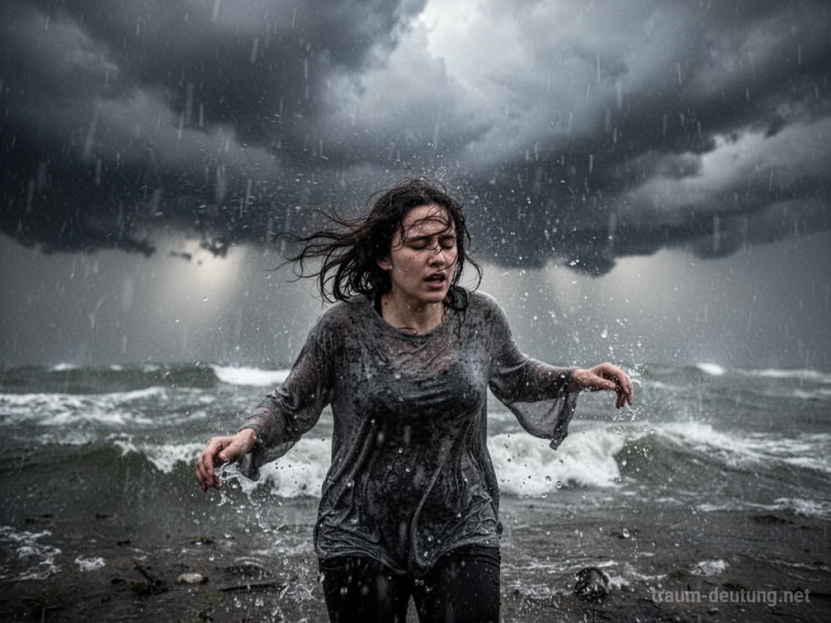 Person wird von einem heftigen Sturm erfasst, dunkle Wolken und Regen.
