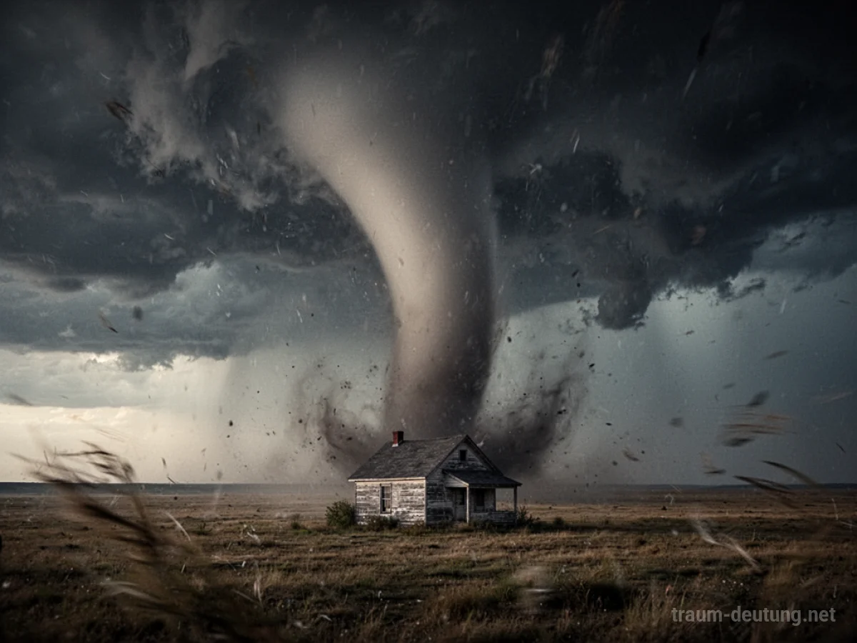Ein Tornado nähert sich einem Haus auf einer weiten Ebene unter bedrohlichem Himmel.