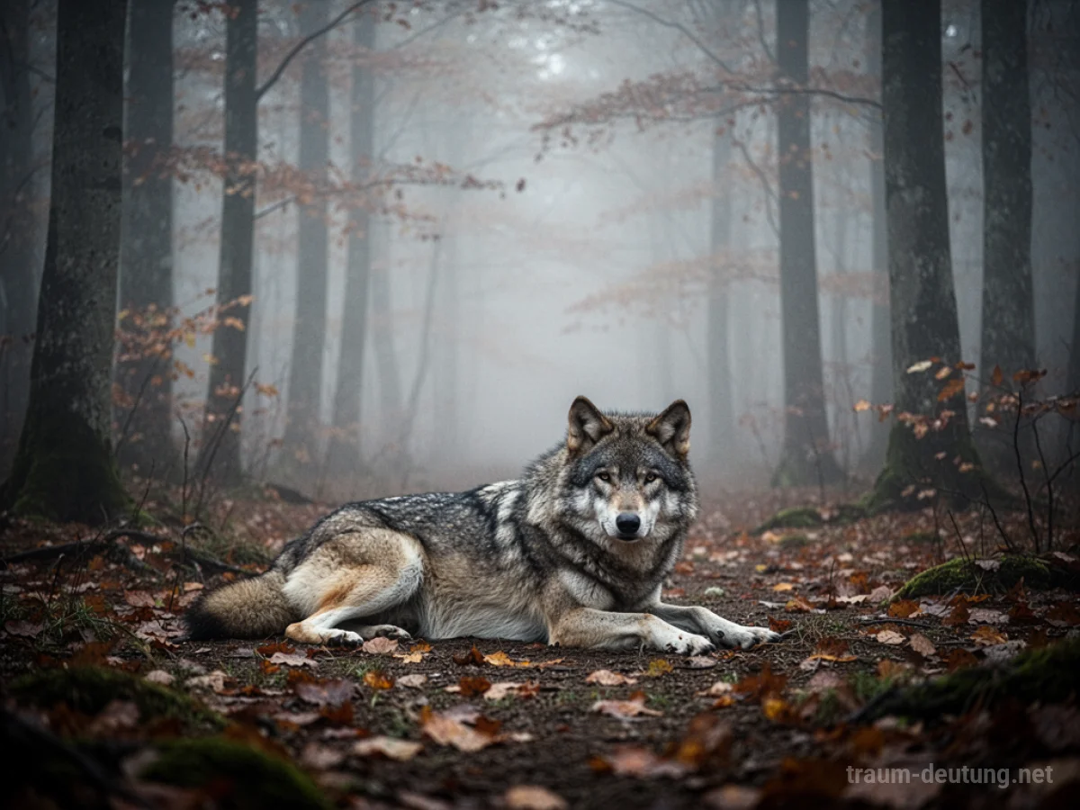 Ein toter Wolf liegt still im nebligen Wald.