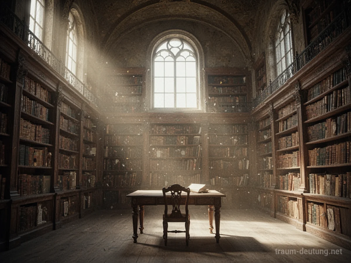 Eine alte Bibliothek voller Bücher mit hohen Regalen und Sonnenlicht, das durch Fenster fällt.