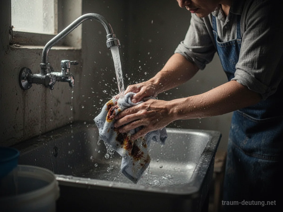 Eine Person wäscht ein blutverschmiertes Tuch unter fließendem Wasser.