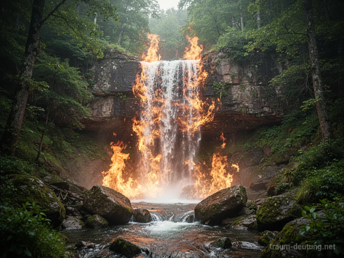 Ein Wasserfall, dessen Wasser in Flammen steht, umgeben von grüner Natur.