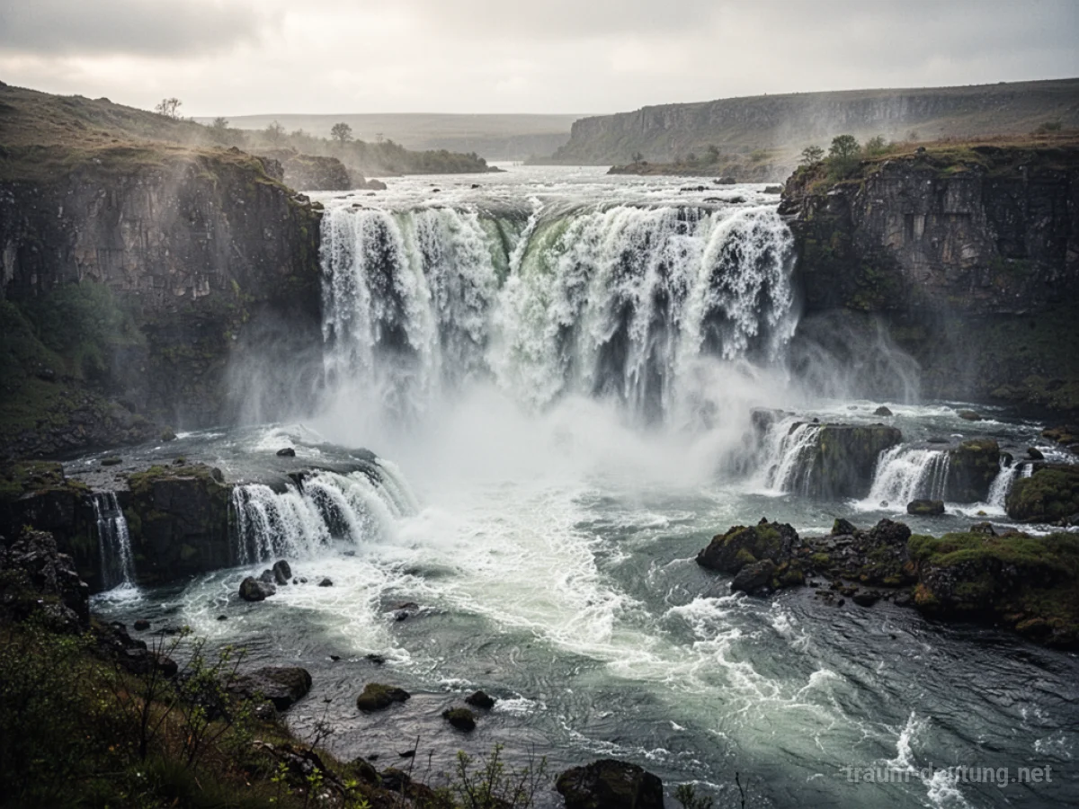 Ein überfluteter Wasserfall mit chaotisch herabstürzendem Wasser über der Landschaft.