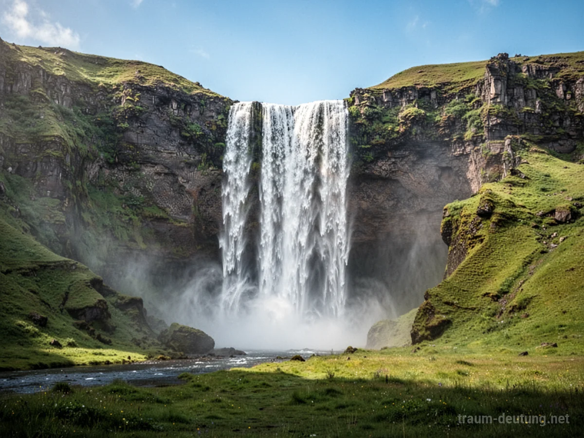 Ein mächtiger Wasserfall stürzt von einer Klippe in die Tiefe, Nebel steigt auf.