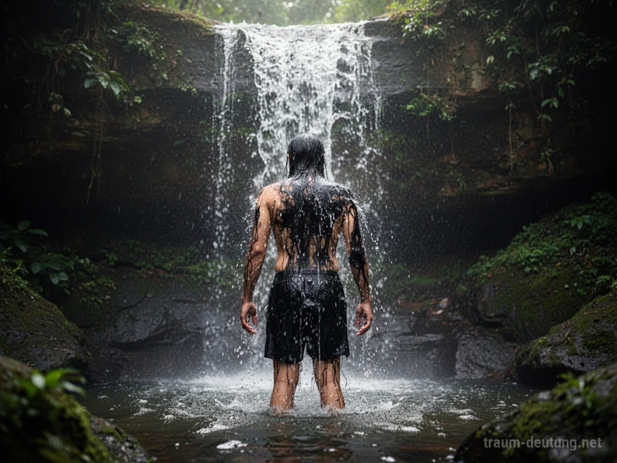 Person unter einem Wasserfall, von reinem Wasser umspült.