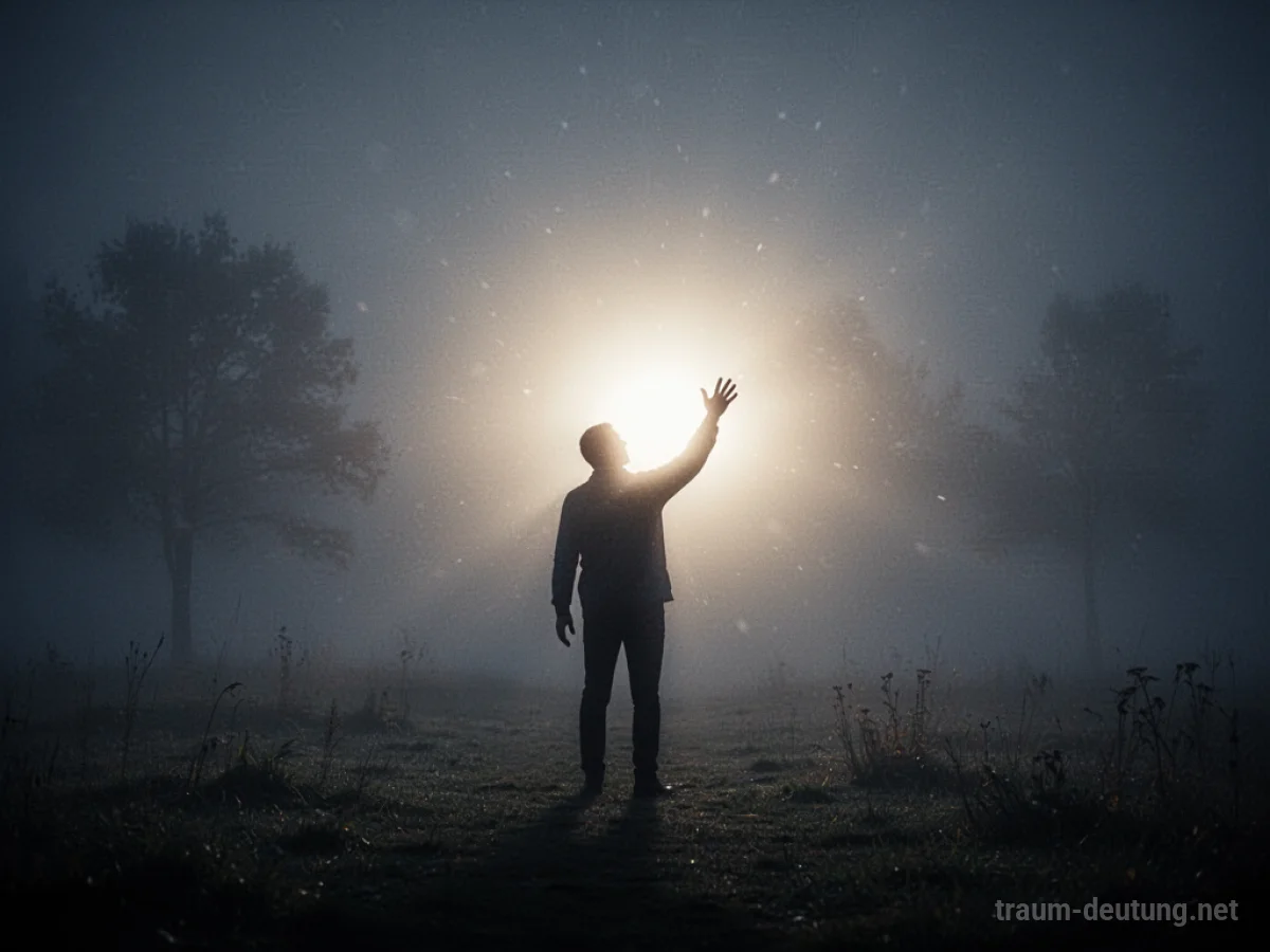 Schattenfigur strebt nach Licht durch Nebel