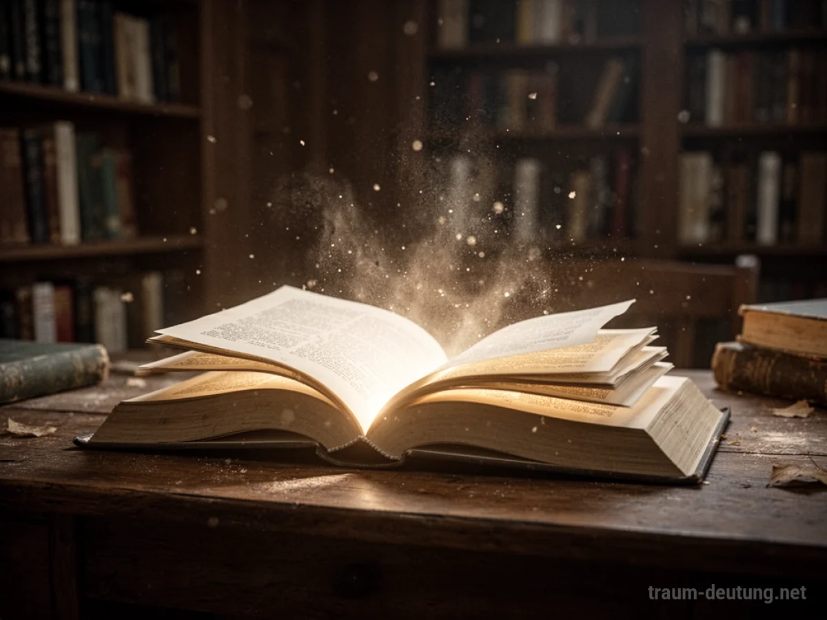 Ein aufgeschlagenes Buch mit leuchtenden Seiten auf einem Schreibtisch.