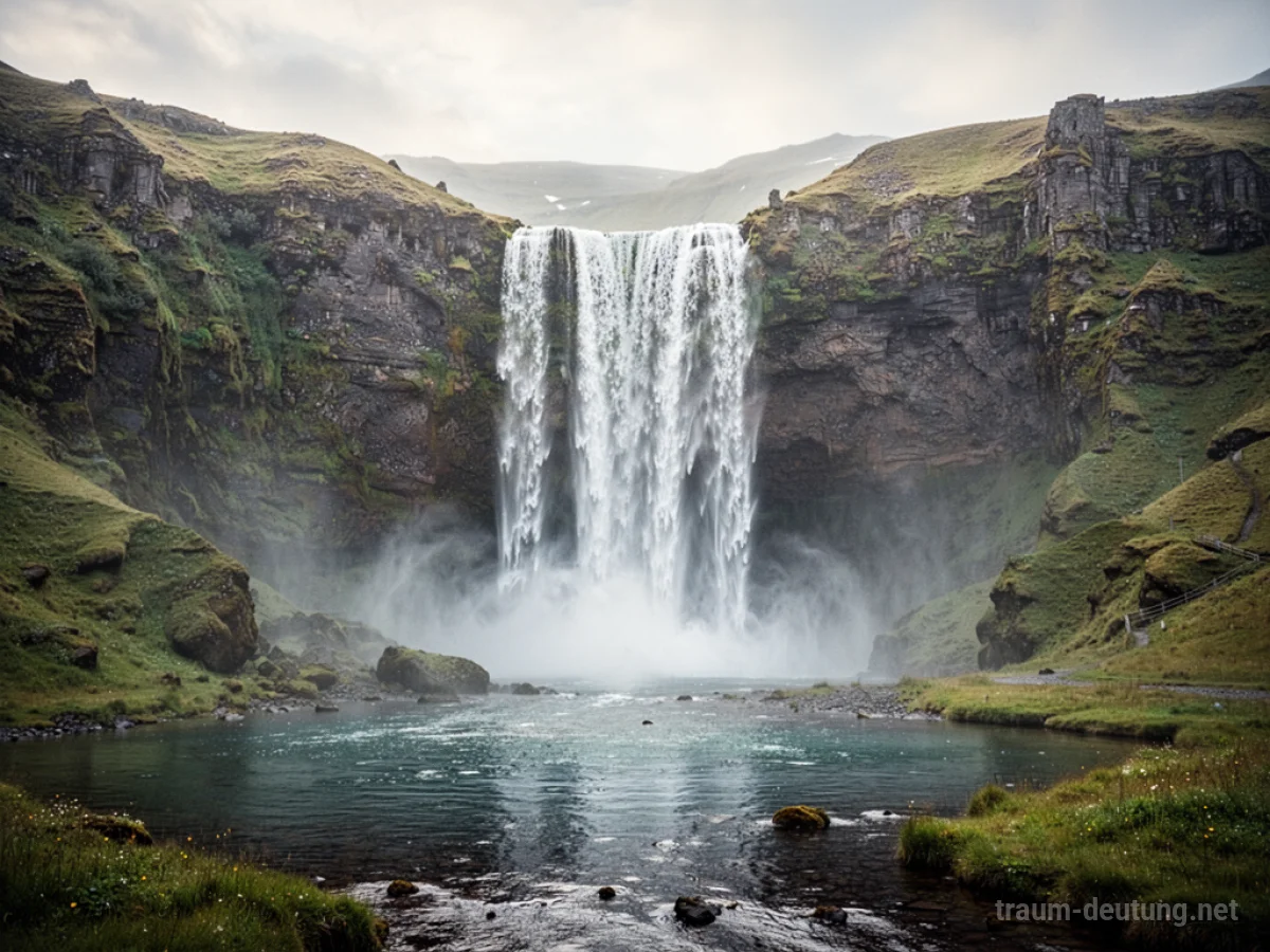 Ein großer Wasserfall stürzt in ein nebeliges Becken, umgeben von grüner Natur.