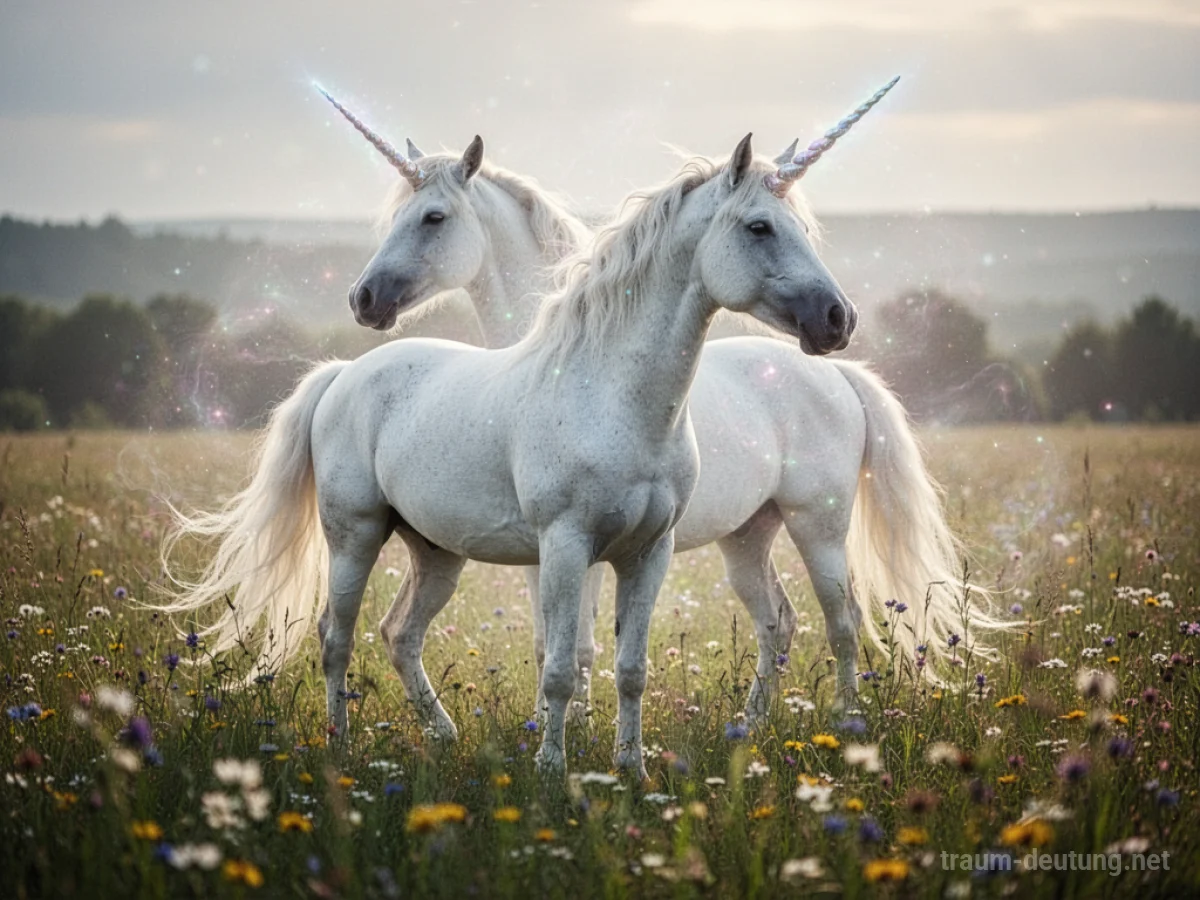 Ein strahlendes weißes Einhorn steht auf einer sonnigen Blumenwiese.