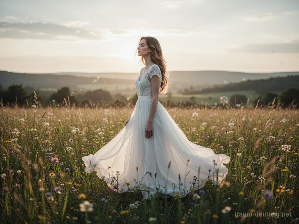 Frau trägt ein fließendes weißes Kleid in einer sonnigen Wiese.