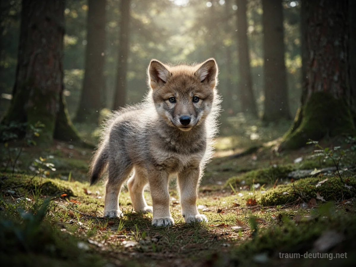 Ein kleines, flauschiges Wolfsjunges steht in einer sonnigen Waldlichtung und blickt neugierig.